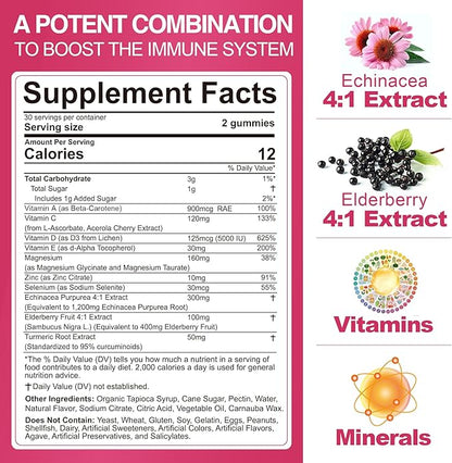 10 in 1 Immune Support Supplement Gummies, w/Echinacea, Elderberry Vitamin C and Zinc, Selenium, Vitamin D3 5000IU, Magnesium, Daily Immune Booster Multivitamin, for Antioxidant Bone Energy, 2 Pack