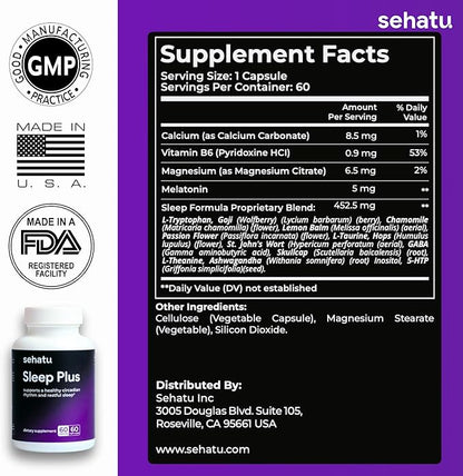 Sleep Plus Supplement | with Melatonin, GABA, Ashwagandha, 5-HTP | for Men and Women Seeking a Healthy Sleep-Wake Schedule and A Relaxed Mood | 60 Count | 60 Day Supply
