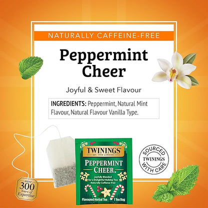 Twinings Peppermint Cheer Herbal Tea Individually Wrapped Bags, 20 Count (Pack of 6), Naturally Caffeine-Free, Peppermint & Vanilla, Enjoy Hot or Iced