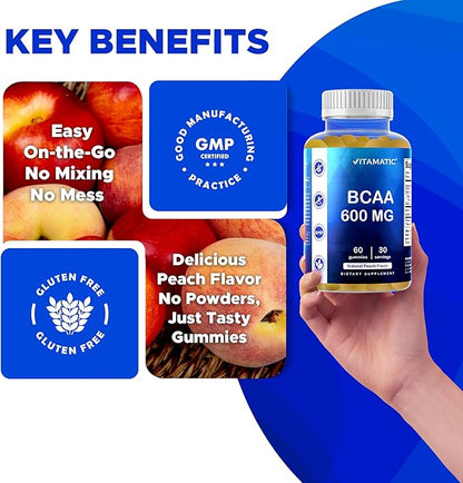 Vitamatic BCAA Gummies - Branch Chain Amino Acid Supplements - Peach Flavor - 600mg per Serving - 60 Vegan Pectin Based Gummies (1 Bottle)