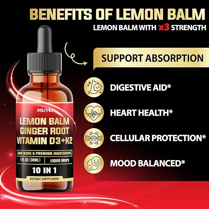 10in1 Lemon Balm Tincture - 3300mg Lemon Balm Leaf Extract Liquid Drops with Ginger Root, Turmeric Liquid, Ceylon Cinnamon, Vitamin D3, K2-1Fl Oz - 60 Servings