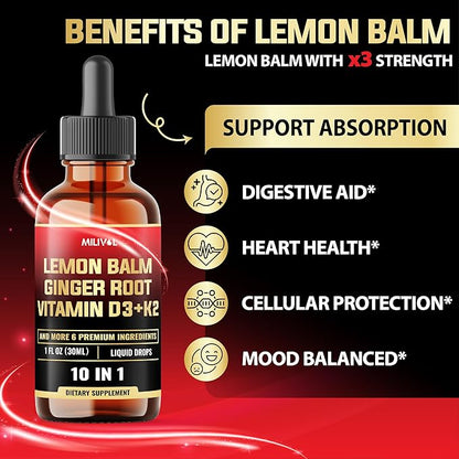 10in1 Lemon Balm Tincture - 3300mg Lemon Balm Leaf Extract Liquid Drops with Ginger Root, Turmeric Liquid, Ceylon Cinnamon, Vitamin D3, K2-1Fl Oz - 60 Servings
