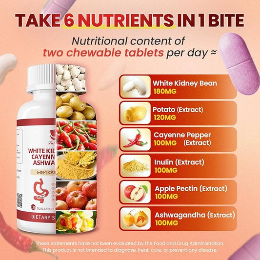 White Kidney Bean Extract, 6 In1 Complex - Cayenne Pepper, Ashwagandha, Apple Pectin, Inulin, Potato Extract for High Absorption, 120 PCS
