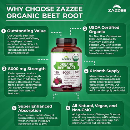 Zazzee USDA Organic Beet Root 8000 mg Strength 20:1 Extract, 180 Vegan Quick Release Capsules, Black Pepper Extract for Enhanced Absorption, Supports Nitric Oxide Production, Non-GMO, Made in The USA