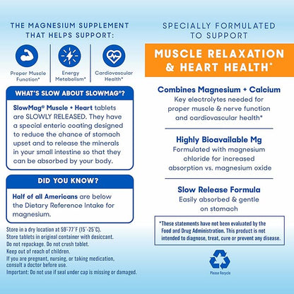 SlowMag Muscle & Heart Magnesium Chloride Supplement with Calcium, 180 Count, Supports Muscle Relaxation, Heart, Nerve & Bone Health, High Absorption (Pack of 2)