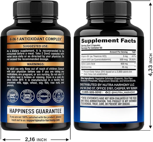 Alpha Lipoic Acid 600mg - ALA Supplement Antioxidant for Nerve, Energy & Metabolism Support - Extra Strength with Benfotiamine, B1 & B12 - Lab Tested, Non-GMO & Vegan - 120 Capsules, 2 Month Supply