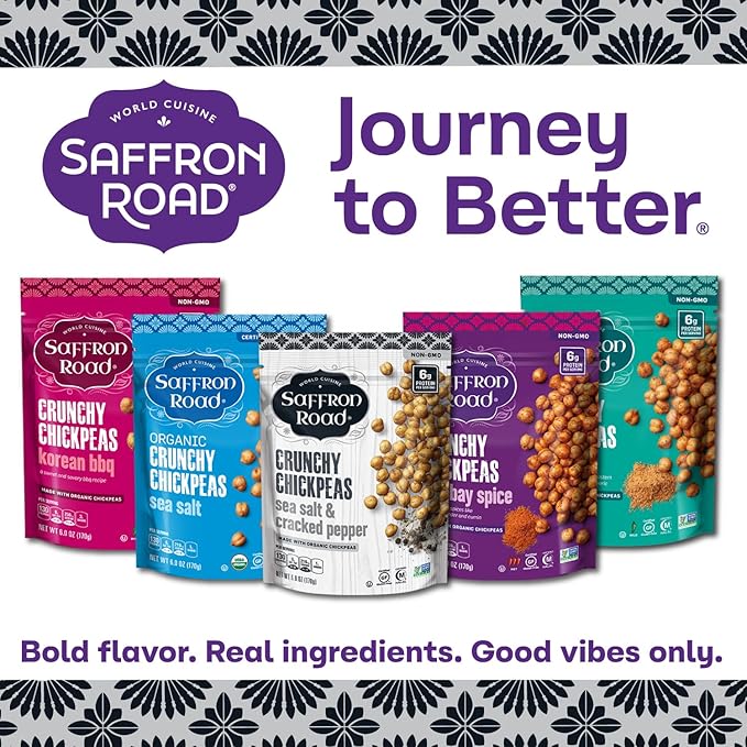 Saffron Road Roasted and Crunchy Sea Salt and Cracked Pepper Chickpeas | High Protein Snacks | Gluten-free, Vegan, Non-GMO, and Certified Halal and Kosher | 5.4oz Pouch | Pack of 6