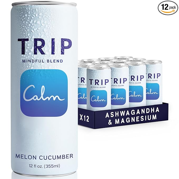 Trip Mindful Blend, Lightly Sparkling Adaptogen Seltzer, Mocktail w/ 120mg Magnesium Citrate with Ashwagandha, Lions Mane & L Theanine, No Added Sugar, Vegan, Melon Cucumber, 12 Oz, 12Pk