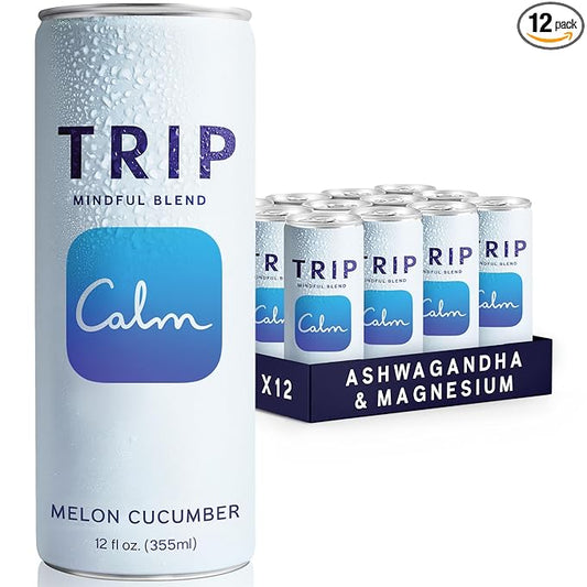 Trip Mindful Blend, Lightly Sparkling Adaptogen Seltzer, Mocktail w/ 120mg Magnesium Citrate with Ashwagandha, Lions Mane & L Theanine, No Added Sugar, Vegan, Melon Cucumber, 12 Oz, 12Pk