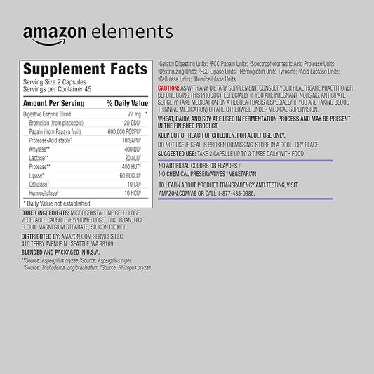 Amazon Elements Digestive Enzyme Complex Capsule, Supports Healthy Digestion, 45 Servings, 90 Count (Pack of 1) (Previously Revly)