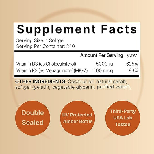 NatureBell Vitamin D3 5,000 IU + K2 100 mcg, 240 Softgels | Daily 2-in-1 Formula with Virgin Coconut Oil | Bone, Heart & Immune Support | MK-7 Form | Non-GMO, Gluten-Free