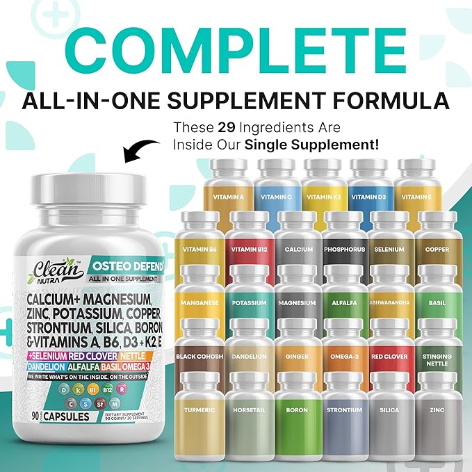 Allin1 Calcium Magnesium Zinc Supplement with Potassium, Copper, Strontium, Silica, Vitamin D3 K2, Boron, Vitamin B1 B12 Red Clover Herb Alfalfa Basil Pills for Men & Women Clean Nutra Osteo Defend