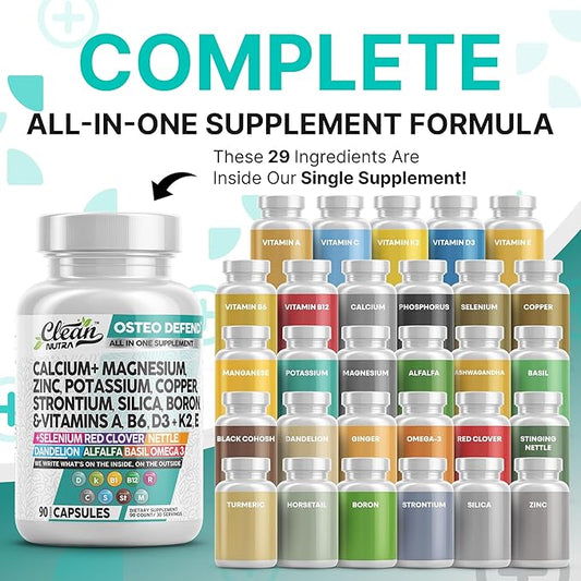 Allin1 Calcium Magnesium Zinc Supplement with Potassium, Copper, Strontium, Silica, Vitamin D3 K2, Boron, Vitamin B1 B12 Red Clover Herb Alfalfa Basil Pills for Men & Women Clean Nutra Osteo Defend