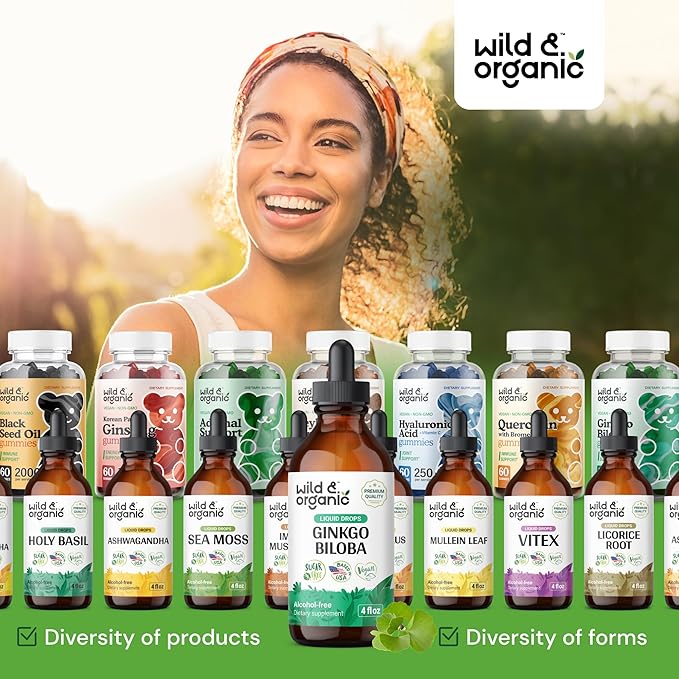 Wild & Organic Ginkgo Biloba Extract Drops - Brain & Focus Support - Liquid Ginkgo Biloba Supplements - Vegan, Sugar & Alcohol-Free Herbal Tincture - 4 fl oz