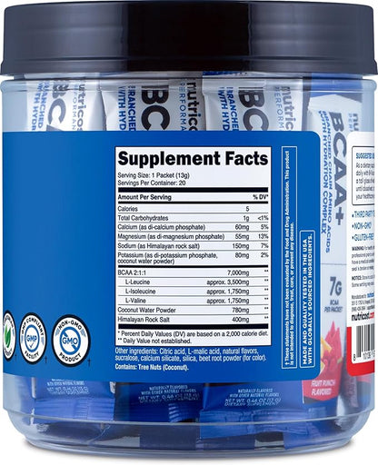 Nutricost BCAA+ Hydration Fruit Punch Flavor (20 Stickpacks) - Branched Chain Amino Acids with Hydration Complex - Gluten-Free, Non-GMO