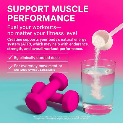 Pink Stork 5g Micronized Creatine Monohydrate Powder for Women - Support Muscles, Cellular Energy, Cognitive Function - Essential Amino Acid - Clean Alternative to Pills or Gummies - 30 Servings