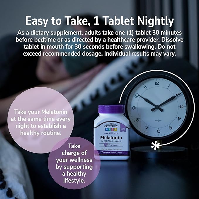 21st Century Melatonin 12 mg Quick Dissolve Max Strength Tablets, (120 Count) Sleep Aid for Adults, Cherry Flavored Sleep Supplement, Gluten-Free, No Artificial Colors or Preservatives