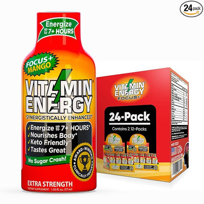 Vitamin Energy Focus+ Extra Strength Energy Shot Mango 24 Pack, 260mg Natural Caffeine, B-Vitamins, CoQ10, Amino Acids, Focus, Productivity & Clarity, Zero Sugar, Gluten-Free, 1.93 fl oz