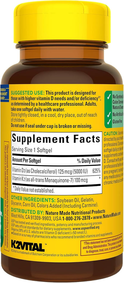 Nature Made Vitamin D3 K2 Supplement, 5000 IU (125 mcg) Vitamin D for Bone, Teeth, Muscle and Immune Support, 30 D3 and K2 Softgels, 30 Day Supply