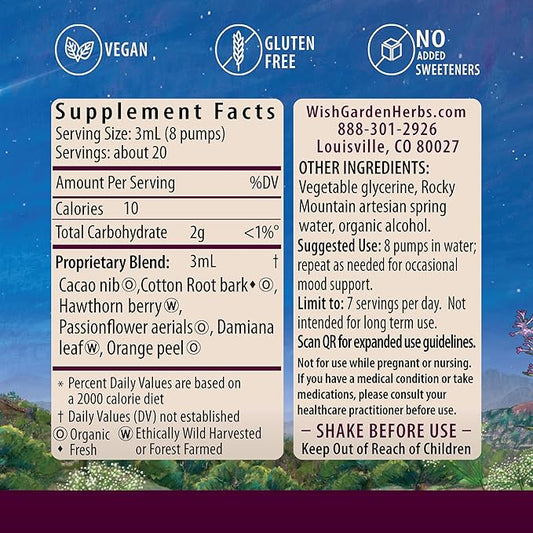 WishGarden Herbs Liquid Bliss Mood Elevator - Plant-Based Herbal Mood Support Supplement, Natural Mood Booster with Organic Cacao, Cotton Root, Passionflower, Increases Sense of Connection, 2oz