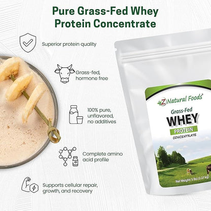 Z Natural Foods Grass-Fed Whey Protein Concentrate - Clean Whey Protein Powder from New Zealand - Cold Processed Pure Whey Protein with Essential Amino Acids for Nutrition & Fitness, Unflavored, 5 lbs