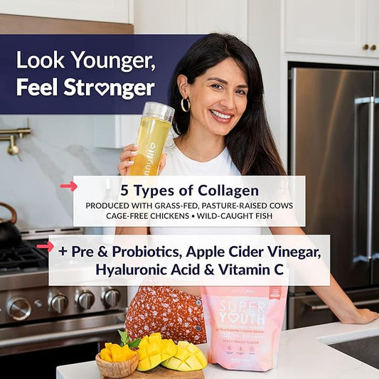 SkinnyFit - Super Youth Collagen for Women - Multi Collagen Peptides Powder - Probiotics, Fiber, Hyaluronic Acid - Non GMO, Gluten Free, Sugar Free - Beauty & Self Care - Peach Mango (28 Servings)