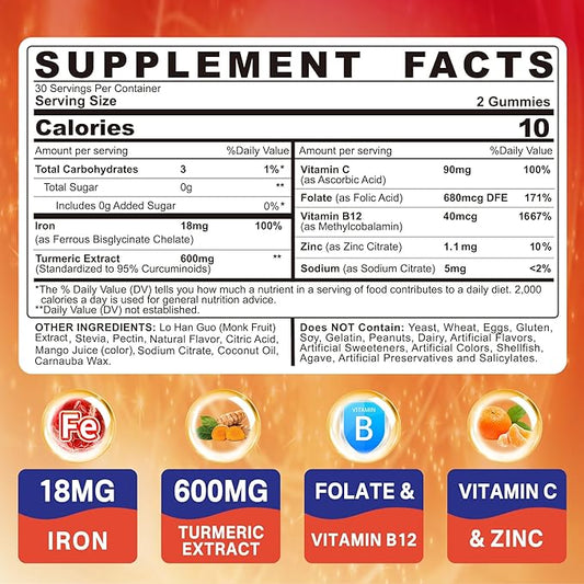 Vegan Iron Gummies Supplement with Vitamin C, B12, Folate & Turmeric - Energy & Immune Health | Gummy Iron Bisglycinate 18mg Gentle & Non-Constipating for Iron Deficiency, Anemia Women Men, 1 Pack