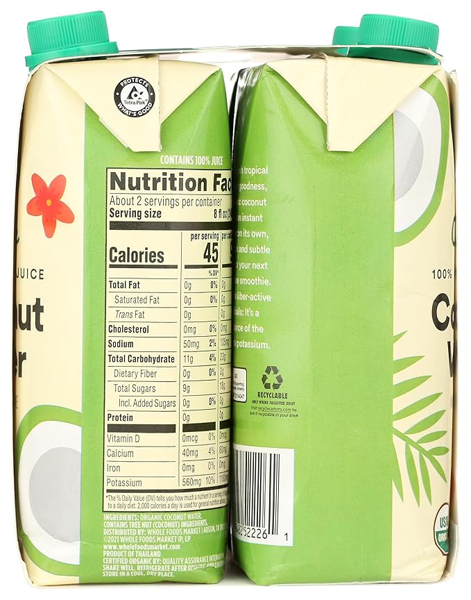 365 by Whole Foods Market, Organic Coconut Water, 100% Pulp-Free Juice, 16.9 Fl Oz per Carton, Pack of 4