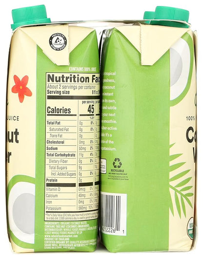 365 by Whole Foods Market, Organic Coconut Water, 100% Pulp-Free Juice, 16.9 Fl Oz per Carton, Pack of 4