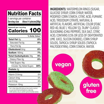 Snak Club Tajin Watermelon Rings Gummy Candy, Fruit Candy Gummies with Chili and Lime Seasoning, Mild, Gluten-Free and Vegan Snacks, 5 oz Resealable Bags, 6 Pack