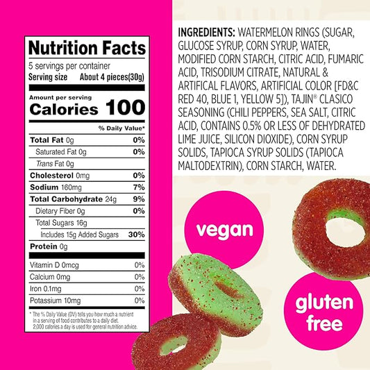 Snak Club Tajin Watermelon Rings Gummy Candy, Fruit Candy Gummies with Chili and Lime Seasoning, Mild, Gluten-Free and Vegan Snacks, 5 oz Resealable Bags, 6 Pack