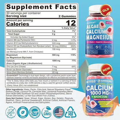 Sugar Free Calcium Gummies 1000 Mg Liposomal Liquid Form for High Absorption - Algae Calcium Supplements for Women, Men W/Vitamin D3 K2, Magnesium Glycinate, Zinc, Boron, Silica for Bone Health