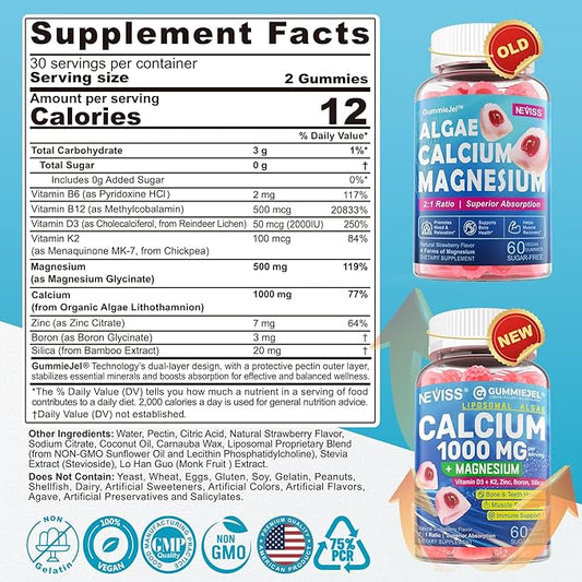 Sugar Free Calcium Gummies 1000 Mg Liposomal Liquid Form for High Absorption - Algae Calcium Supplements for Women, Men W/Vitamin D3 K2, Magnesium Glycinate, Zinc, Boron, Silica for Bone Health