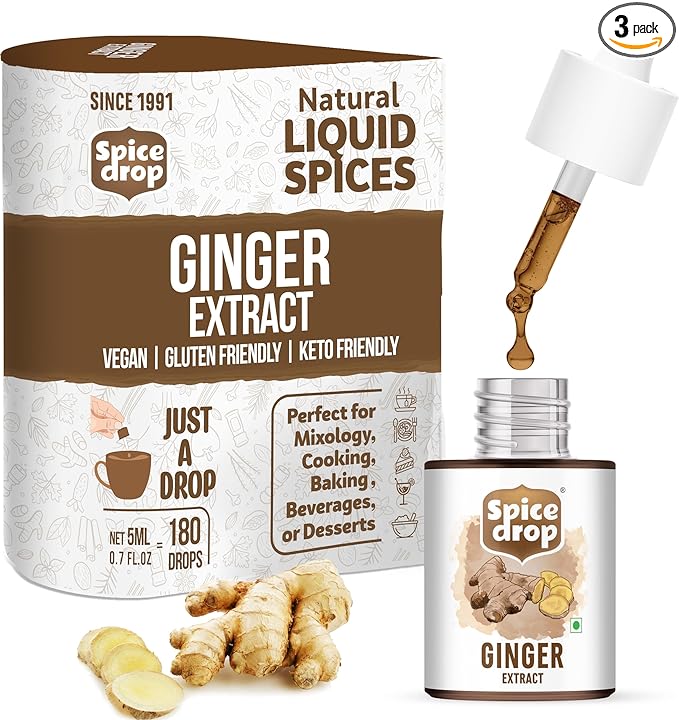 Spice Drop Pure Ginger Extract - Salad Dressing, Seasoning, Cooking, Baking, Tea, Coffee | Natural Immunity Booster | Premium Quality & Rich Aroma | Nigerian Dry Ginger Extract | No Added Color or Preservative | Non GMO | Vegan | 0.17 Oz x 3 Pack