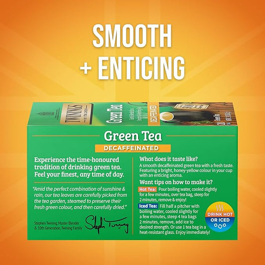 Twinings Decaffeinated Green Tea Individually Wrapped Bags, 20 Count (Pack of 6), Smooth Flavour, Enticing Aroma, Enjoy Hot or Iced, 120 Teabags