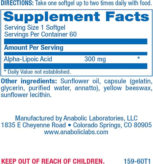 Alpha Lipoic Acid 300mg - Clinical Formula ALA Supplement for Liver Eye Brain Mitochondria Energy Antioxidant & Nerve Support - Non-GMO Soy Free & Easy to Swallow Softgels - 60 Servings
