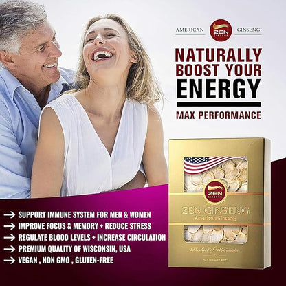 2 Boxes of American Wisconsin Ginseng Slices - Improved Energy, Performance, & Mental Health for Men & Women. Total 8 Oz.