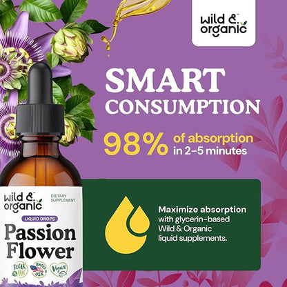 Wild & Organic Passionflower Tincture - Relaxing Passion Flower Drops for Women - Liquid Passiflora Incarnata Herb - Vegan, Sugar & Alcohol-Free Extract Supplement - 2 fl oz