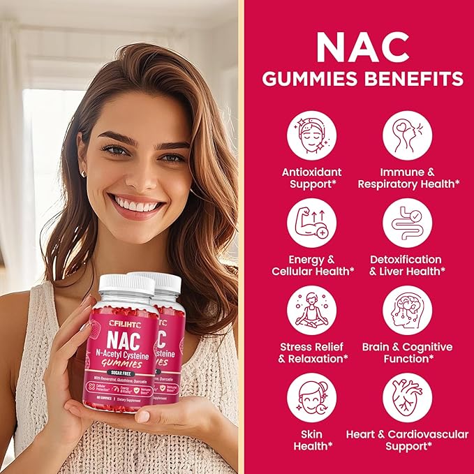 (2 Pack) NAC Gummies 600mg, N Acetyl Cysteine Supplement with Glutathione, Resveratrol, Magnesium, CoQ10, NAC Chewable for Antioxidants & Immune Support, Strawberry Flavor 120 Gummies