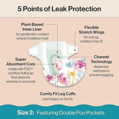 The Honest Company Clean Conscious Diapers for Delicate Skin | Up to 100% Leakproof | Hypoallergenic, Fragrance Free | Girl Prints | Super Club Box, Size 2 (12-18 lbs), 124 Count (Prints May Vary)