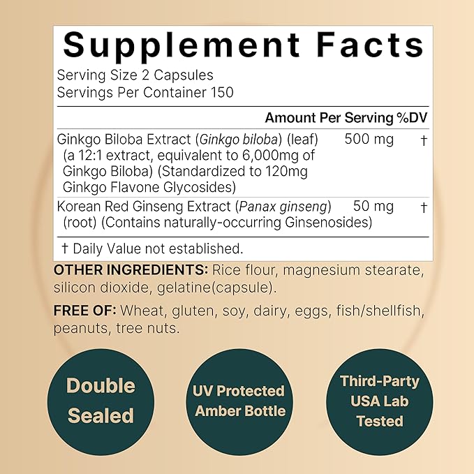 NatureBell Ginkgo Biloba 6,000mg with Panax Ginseng 500mg Per Serving | 300 Capsules – Max Strength Ginko Biloba Extract Supplements - Promotes Memory, Focus, and Brain Health