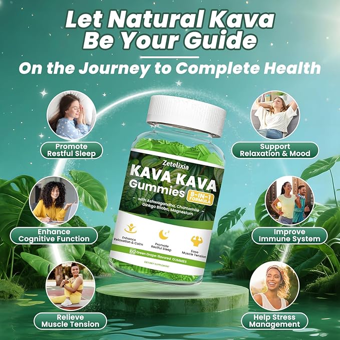 2 Pack Kava Kava Gummies, Kava Kava Root Extract Supplement with Kavalactones, Calm Gummies for Stress Relief & Better Sleep, Kava Supplement for Women & Men, Sugar Free, Vegan, Non-GMO, 120 count