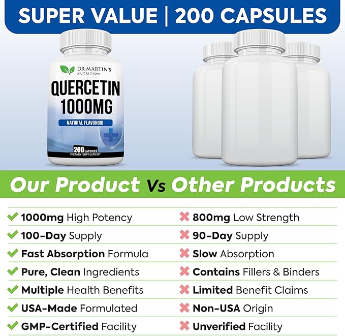 1000mg Quercetin - 200 Capsules | Immune Support, Antioxidant for Seasonal Sinus Relief & Cardiovascular Health | Maintains Inflammatory & Immune Responses | Men & Women