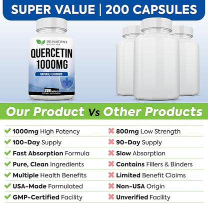 1000mg Quercetin - 200 Capsules | Immune Support, Antioxidant for Seasonal Sinus Relief & Cardiovascular Health | Maintains Inflammatory & Immune Responses | Men & Women