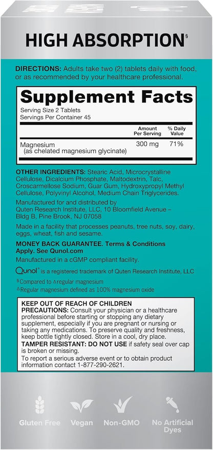 Qunol Magnesium Glycinate 300mg, 100% Glycinate Chelated Magnesium Supplement, 90ct Tablets