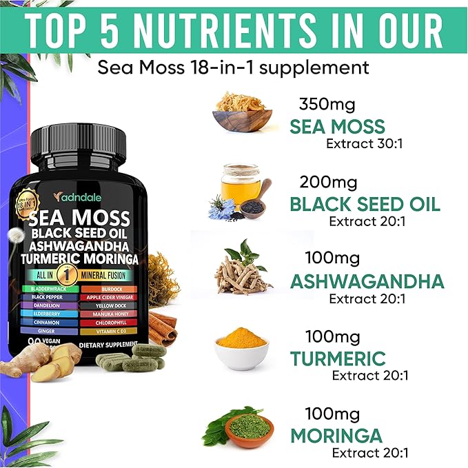 Adndale Sea Moss Black Seed Oil Ashwagandha Ginger Capsules, Sea Moss Capsules with Black Seed Oil, Ashwagandha, Turmeric, Moringa, Bladderwrack, Burdock Root, Manuka Honey, Cinnamon, 180 Count