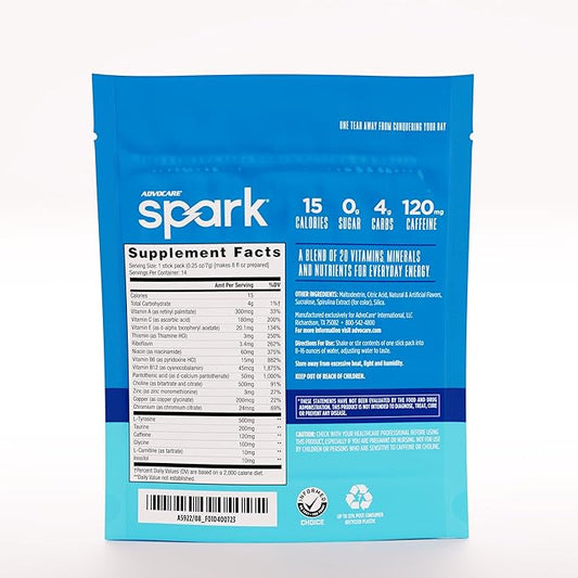 AdvoCare Spark Vitamin & Amino Acid Supplement - Focus & Energy Drink Powder Mix with Vitamin A, B-6, C & E - Also Includes L-Carnitine & L-Tyrosine - Blue Raspberry, 14 Stick Packs