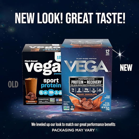 Vega Protein + Recovery - 30g Plant-Based Protein per Serving, Chocolate, 12 x 1.6oz Sachets, 5g BCAAs, Probiotics, NSF Certified, For Shakes & Smoothies, (Packaging May Vary)