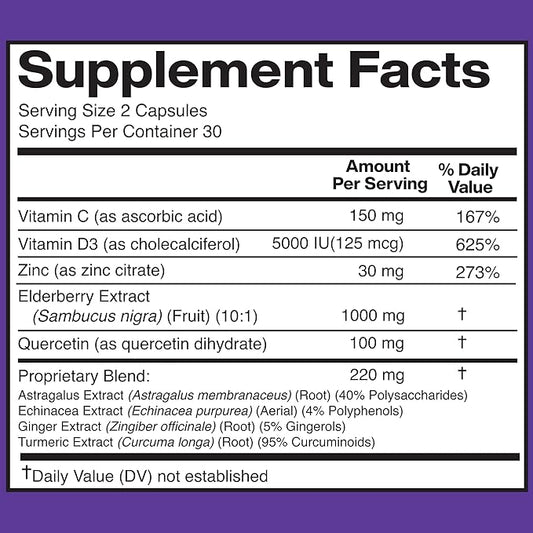 American Standard Supplements Elderberry Extract with Quercetin, Vitamin C, D3, Ginger, Zinc, Turmeric & Echinacea – Immune Support Supplement – – 60 Capsules