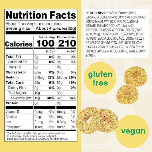 Snak Club Pineapple Rings, Tajin Chili & Lime Seasoned, Sweet and Spicy Gummy Candy, Mild in Heat Bold in Flavor, Low-Fat, Vegan, Gluten-Free Snack, Snack Size, 2.25 Ounce, 12 Count